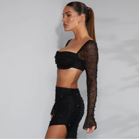Oh Polly La Désirade Embellished Cowl Neck  Black Beaded Elegant Party Crop Top - Picture 7 of 16